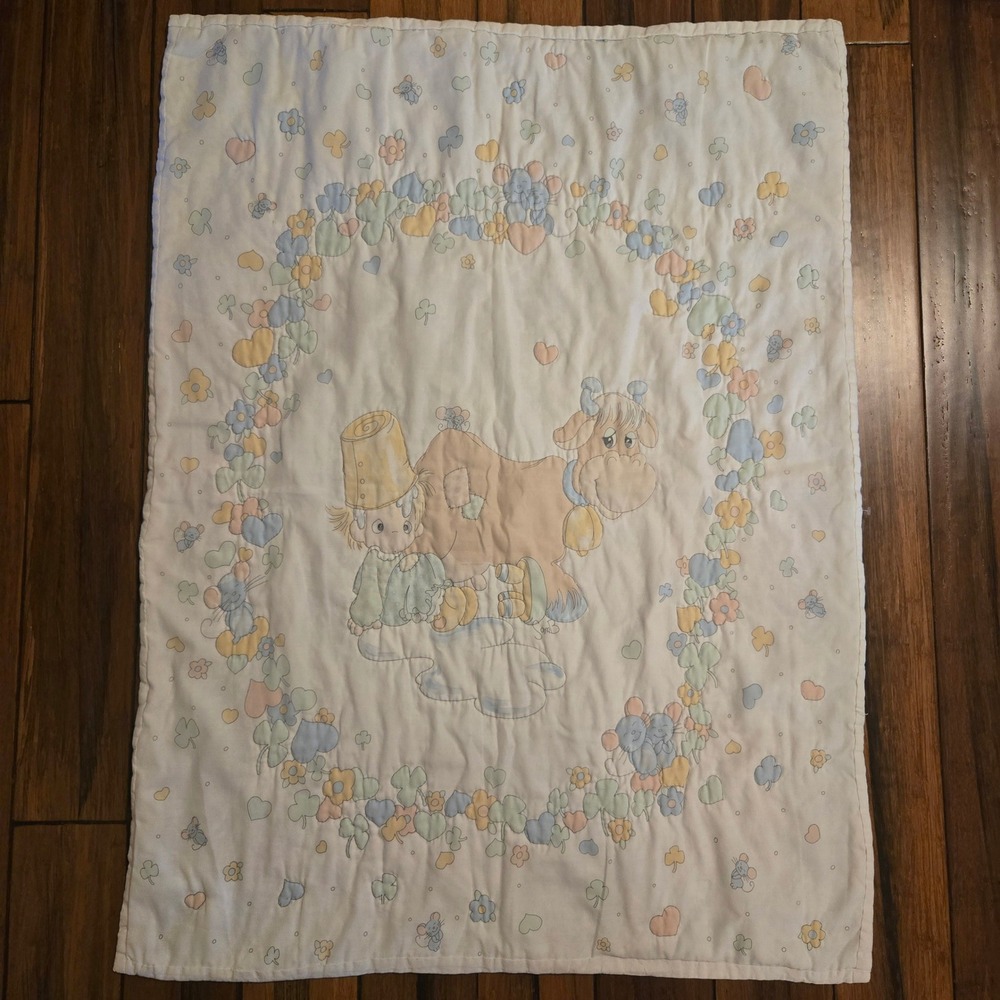 Vintage Precious Moments Quilt Pastel Boy Cow Mice Nursery Blanket 32x43 White